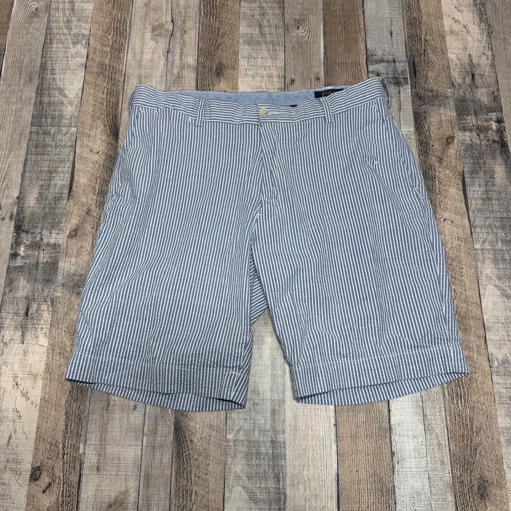 Polo Ralph Lauren Shorts Mens 33 Blue Stripe Classic Fit Flat Front Seersucker